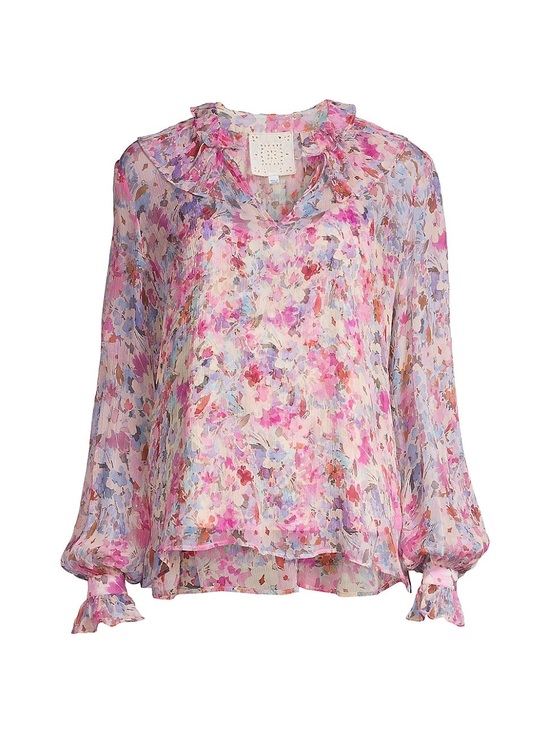 Johnny Was Tops - Johnny Was Silk Pink Purple Floral‎ Ruffle V-Neck Blouse Large